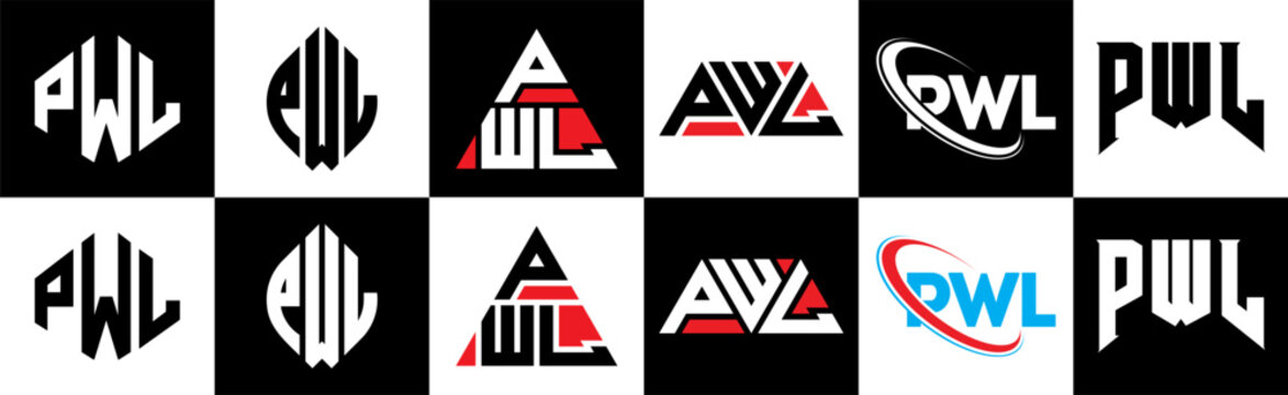 PWL letter logo design in six style. PWL polygon, circle, triangle, hexagon, flat and simple style with black and white color variation letter logo set in one artboard. PWL minimalist and classic logo