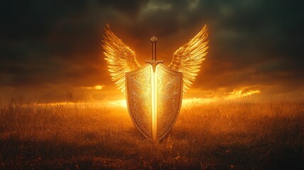 Winged shield, sword sunset, field, fantasy, game