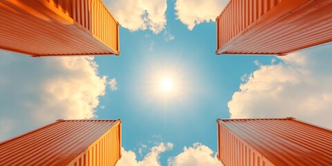 Sunlit Cloudscape Framed by Vibrant Shipping Containers - Modern Industrial Aesthetic for Global Trade Visualization and Sustainable Logistics Marketing Campaign