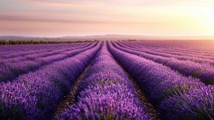 Fototapeta premium Lavender fields in full bloom provence nature sunset lighting panoramic view tranquil landscape