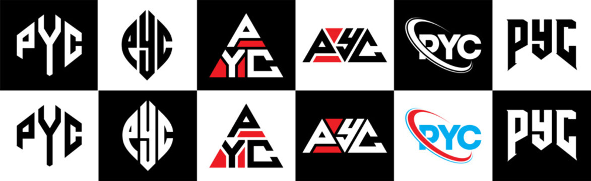 PYC letter logo design in six style. PYC polygon, circle, triangle, hexagon, flat and simple style with black and white color variation letter logo set in one artboard. PYC minimalist and classic logo