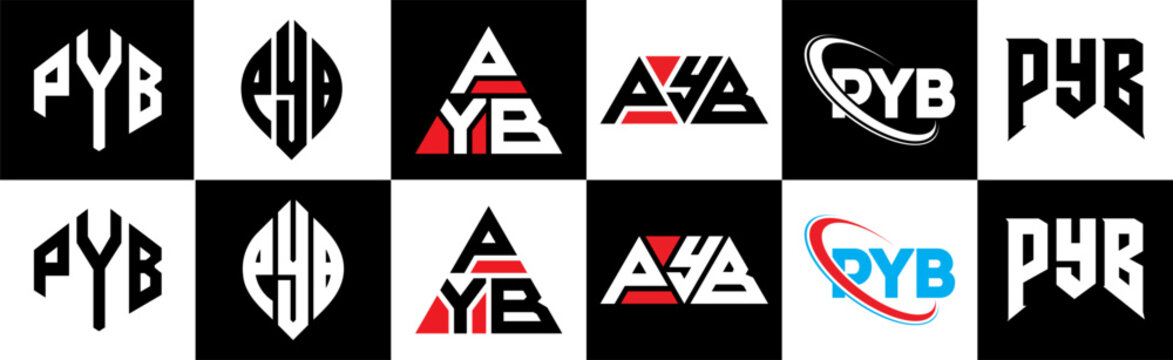 PYB letter logo design in six style. PYB polygon, circle, triangle, hexagon, flat and simple style with black and white color variation letter logo set in one artboard. PYB minimalist and classic logo