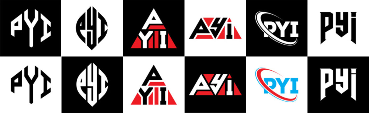 PYI letter logo design in six style. PYI polygon, circle, triangle, hexagon, flat and simple style with black and white color variation letter logo set in one artboard. PYI minimalist and classic logo
