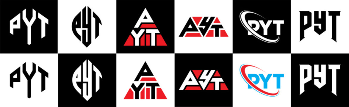 PYT letter logo design in six style. PYT polygon, circle, triangle, hexagon, flat and simple style with black and white color variation letter logo set in one artboard. PYT minimalist and classic logo