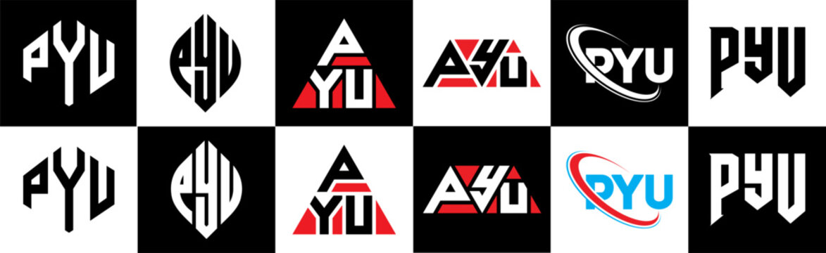 PYU letter logo design in six style. PYU polygon, circle, triangle, hexagon, flat and simple style with black and white color variation letter logo set in one artboard. PYU minimalist and classic logo
