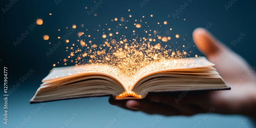 Poster fantasy aesthetic illuminated book with glowing pages on wooden table - imagination and storytelling