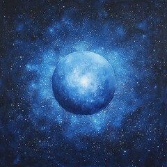 A radiant blue planet glows amidst a field of stars