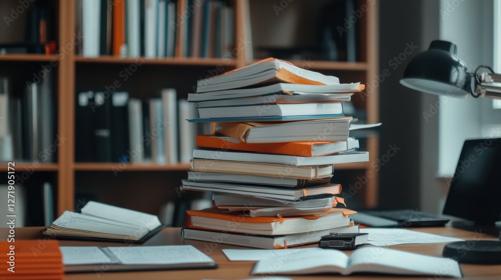 Poster A stack of books on a desk with a lamp on top