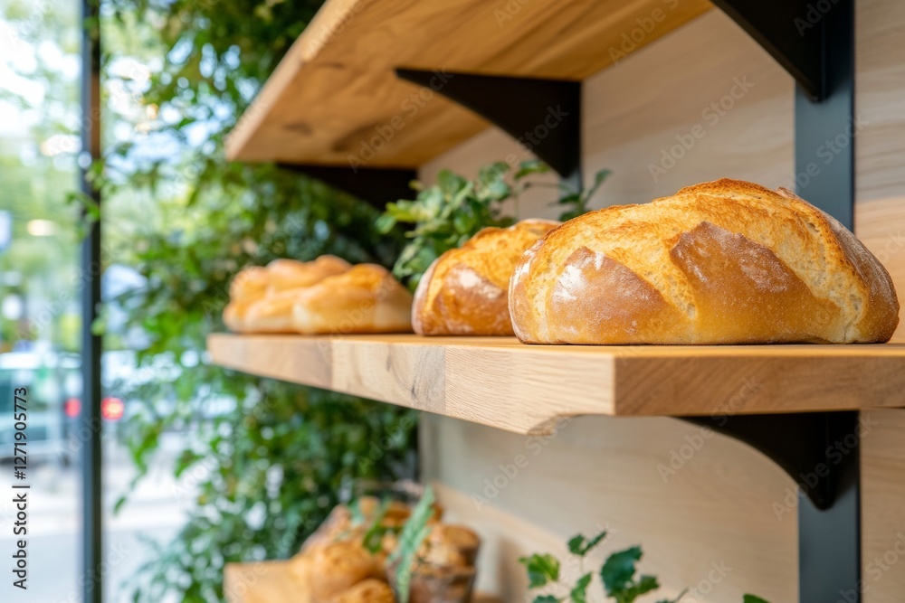 Aufkleber rustic artisan bread display on wooden shelves amidst lush greenery eco-friendly bakery design for m