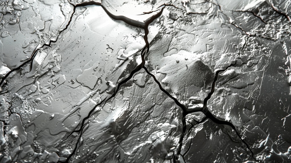 Aufkleber close up view of a metallic surface featuring complex cracks and shimmering reflections caused by th