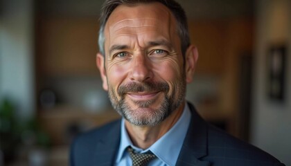 Fototapeta premium A mature man with gray hair, resident of USA, smiles gently. The warm lighting creates a cozy atmosphere. Calm, confident look. Experience, professionalism and intelligence in the eyes. Generative AI