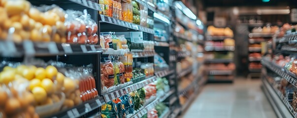 Fototapeta premium A vibrant display of fresh fruits and vegetables neatly arranged on supermarket shelves, showcasing a variety of colors and textures, inviting healthy choices for shoppers.