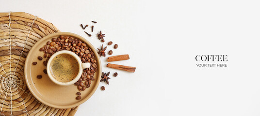 Cup of hot coffee with coffee beans and cinnamon, on the plate on the light background. Top view. Banner concept of coffee.