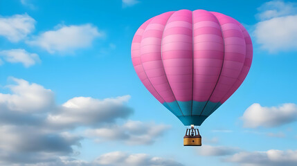Naklejka premium Pink hot air balloon floats, blue sky, clouds. Travel promotion