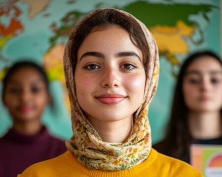 Vibrant Multicultural Youth Diverse Students with Inclusivity Brochures and World Map - Cross-Cultural Education and Global Networking Strategies in Youth Engagement