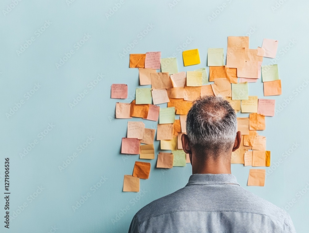 Poster contemporary office brainstorming diverse team using colorful sticky notes on blue wall - creative s
