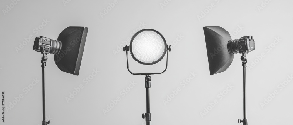 Fototapete monochrome broadcast studio setup professional lighting and cameras with minimalist design - enhanci