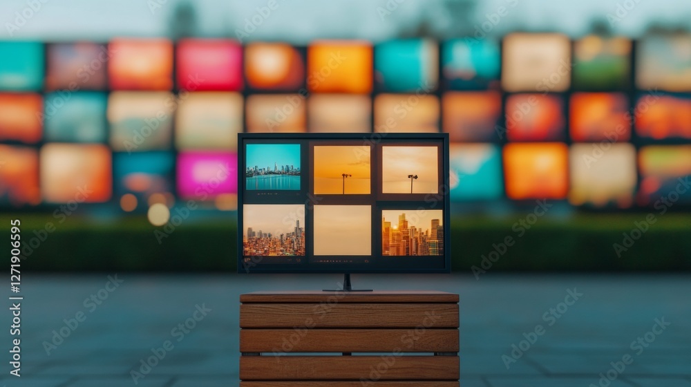 Poster contemporary media workspace multi-screen led display with urban graphics on wooden stand - enhanced
