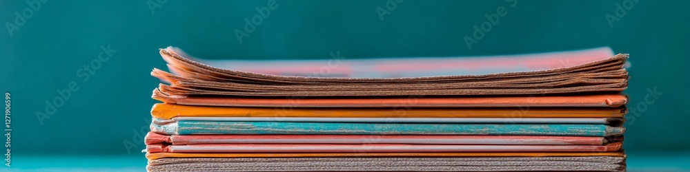 Poster vibrant newspaper stack on teal background textured print media for modern publishing and advertisin