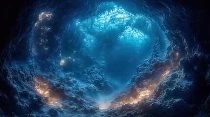 Fototapeta premium A mesmerizing underwater scene illuminated by ethereal blue light, revealing swirling patterns and hints of distant celestial bodies.