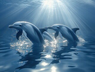 Fototapeta premium Two dolphins gracefully swim through shimmering blue waters, illuminated by sunlight piercing the surface.