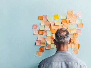 Contemporary Office Brainstorming Diverse Team Using Colorful Sticky Notes on Blue Wall - Creative Strategy Innovation for Business Growth and Collaborative Problem-Solving