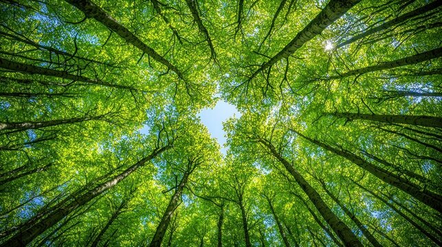 Lush forest canopy view from below, sunlight through trees, nature scene