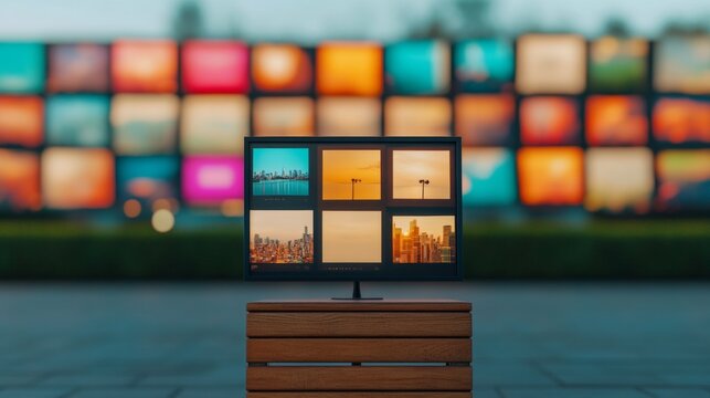 Contemporary Media Workspace Multi-Screen LED Display with Urban Graphics on Wooden Stand - Enhanced Digital Journalism and Broadcasting Environment