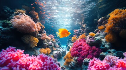 Naklejka premium A vibrant underwater scene featuring colorful corals and a yellow fish swimming gracefully among them.
