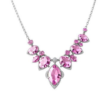 Silver necklace with pink diamonds isolated on transparent background. Silver necklace with topaz, sapphir png. Jewelry and gemstones