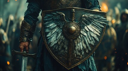 Winged shield warrior amidst battlefield chaos