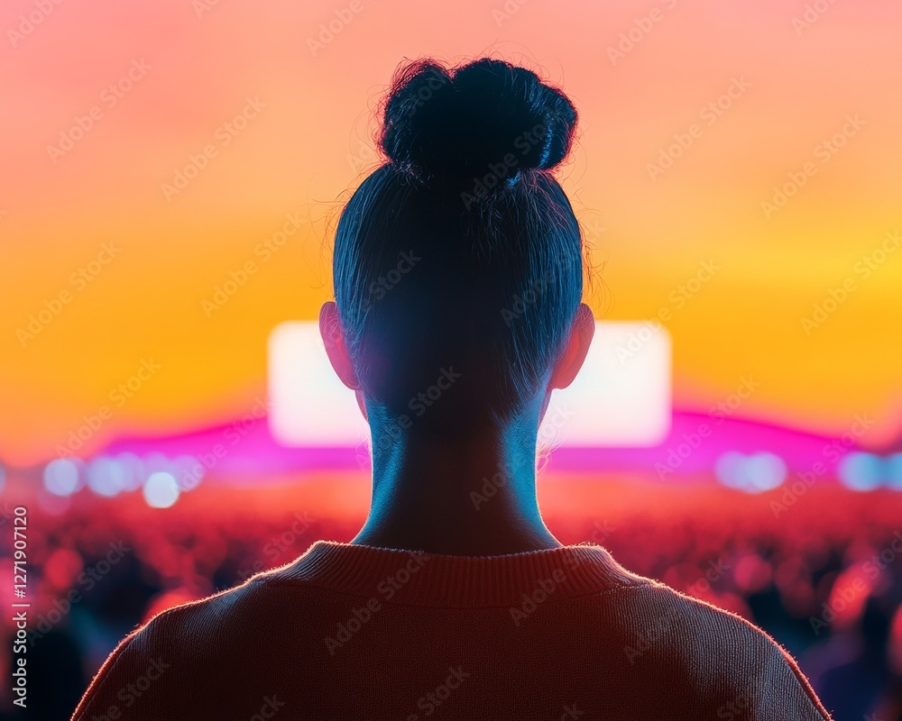 Aufkleber Neon-Lit Audience Focus Engaged Viewer in Modern Event Space with Dynamic Lighting - Enhanced Conference Experience for Interactive Business Solutions