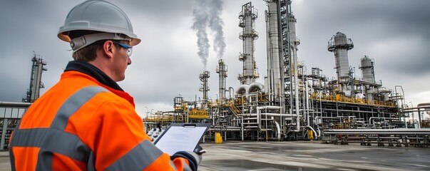 A worker in safety gear inspects a large industrial facility, highlighting the importance of safety and efficiency in manufacturing and energy production, with smoke stacks in the