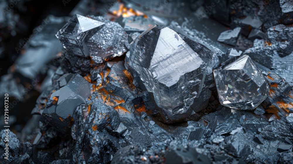 Poster several clear crystalline minerals are surrounded by grey rocks, reflecting sunlight and showcasing 