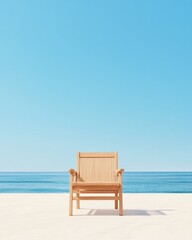 Fototapeta premium Minimalist Coastal Retreat Wooden Lounger on Pristine Sand with Ocean Backdrop - Modern Lifestyle Marketing and Premium Tourism Content for Relaxation
