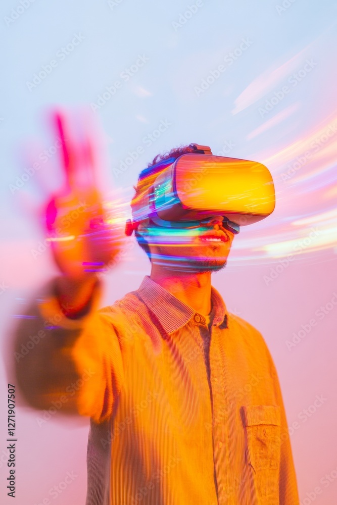 Leinwandbilder futuristic vr interaction young adult with neon vr headset and gesture controls - dynamic digital co