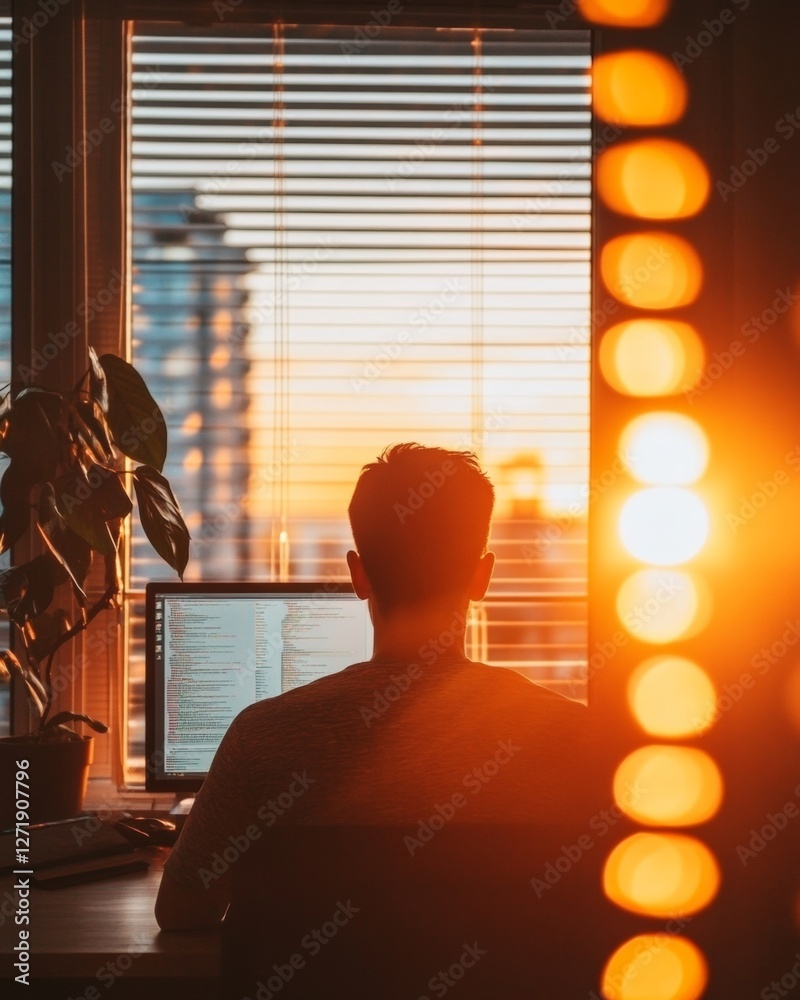 Fototapete Sunset Coding Aesthetic Student Debugging Code with Dual Monitors in Ergonomic Workspace - Tech Practice Content and Modern Digital Education