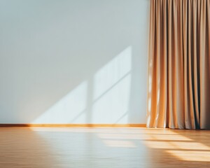 Obraz premium Minimalist Theater Aesthetic Vintage Curtains with Sunlit Beam on Elegant Wooden Floor - Ambient Design for Creative Spaces and Visual Storytelling