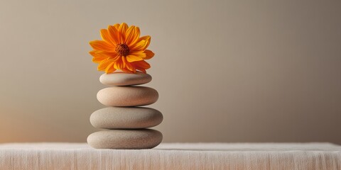 Minimalist Zen Stone Stack with Vibrant Orange Flower on Textured Towel - Tranquil Spa Aesthetic for Mindful Relaxation and Luxury Wellness Promotion