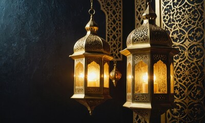 Arabic lamp on a dark mosque scene and glowing light