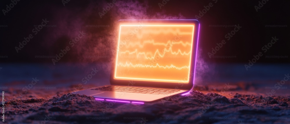 Poster futuristic medical awareness display neon-lit metallic laptop with data visualizations in tech-drive