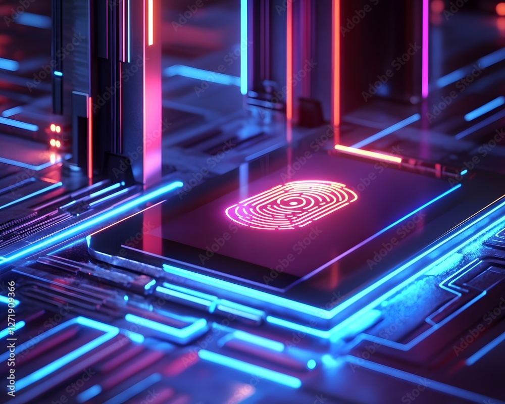 Poster futuristic microchip design featuring vibrant neon lights and intricate circuitry. this visual repre