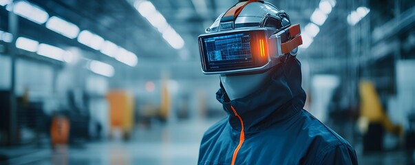 Futuristic worker wearing advanced virtual reality headset in a high-tech industrial environment.