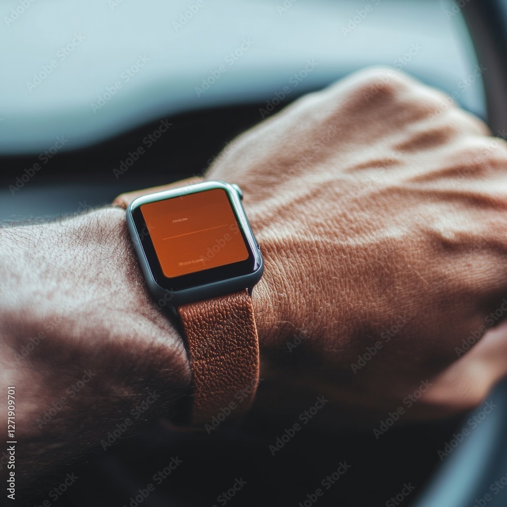 Aufkleber minimalist dashboard and eco-tech lifestyle hand with smart watch in electric car - accessibility-en