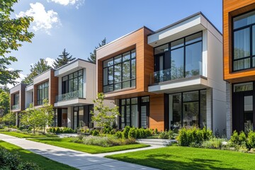 Contemporary townhouses showcase modern architecture with wood and white accents, large windows, and lush green lawns on a sunny day in a residential area.