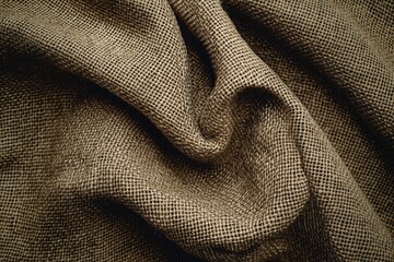 Fototapeta premium Close-up detail of a textured brown burlap fabric, with natural folds and patterns adding depth, conveying rustic elegance and organic warmth perfectly.