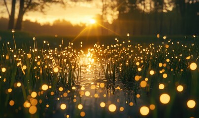 Obraz premium Serene sunset over a tranquil lake surrounded by glowing grass and shimmering lights
