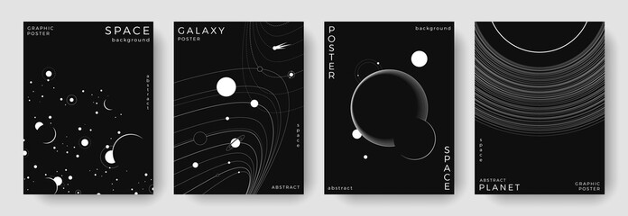 Set of abstract space astronomy backgrounds. Line art galaxy, solar system, planet, black hole. Science future concept. Cosmic minimalist design for cover, poster, layout, banner, flyer, brochure © Anastasiya Stoma