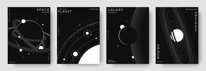 Set of abstract space astronomy backgrounds. Line art galaxy, universe, planet, solar system. Science future concept. Cosmic minimalist design for cover, poster, layout, banner, flyer, brochure © Anastasiya Stoma