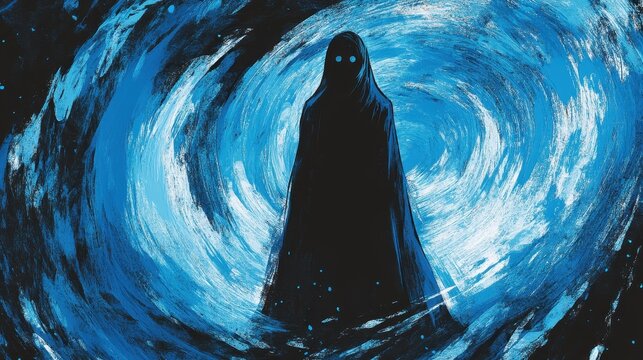 Dark cloaked figure stands amidst a swirling blue vortex